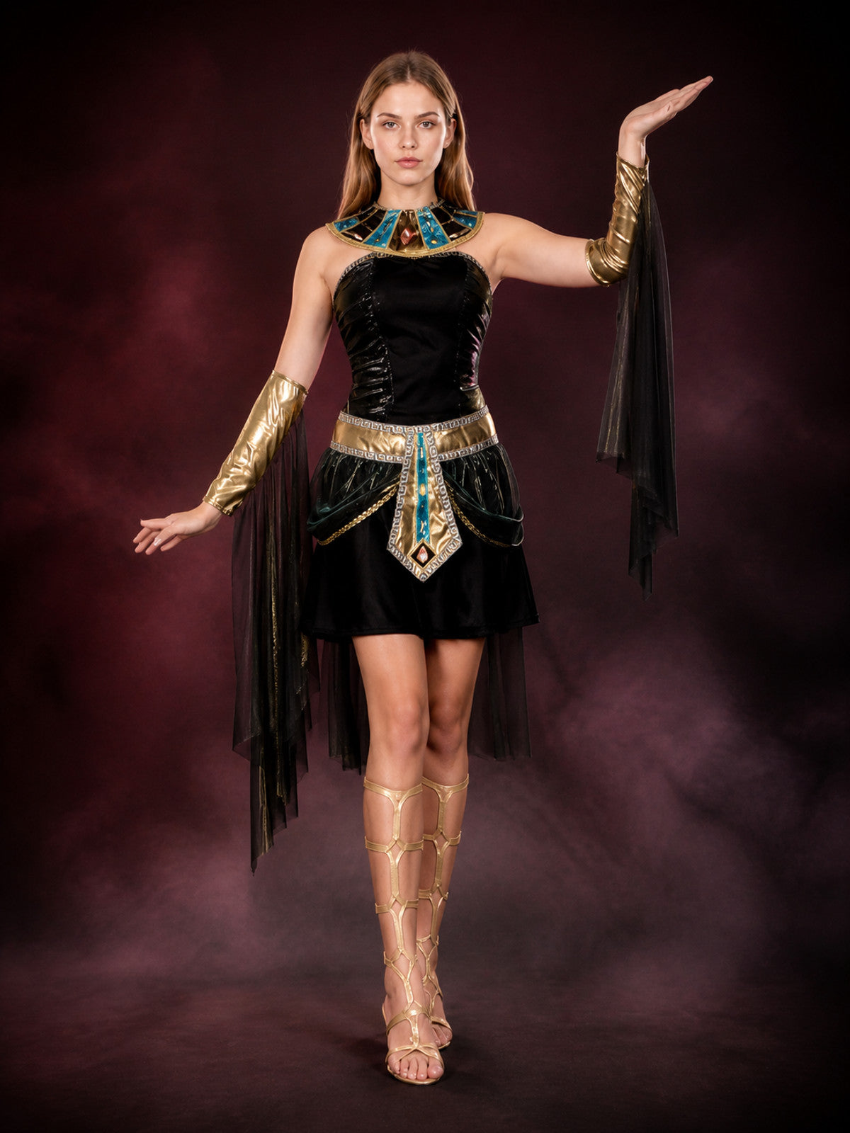 Cleopatra Halloween Costume Dress, Egyptian Queen Masquerade Outfit, Teal & Gold main product view