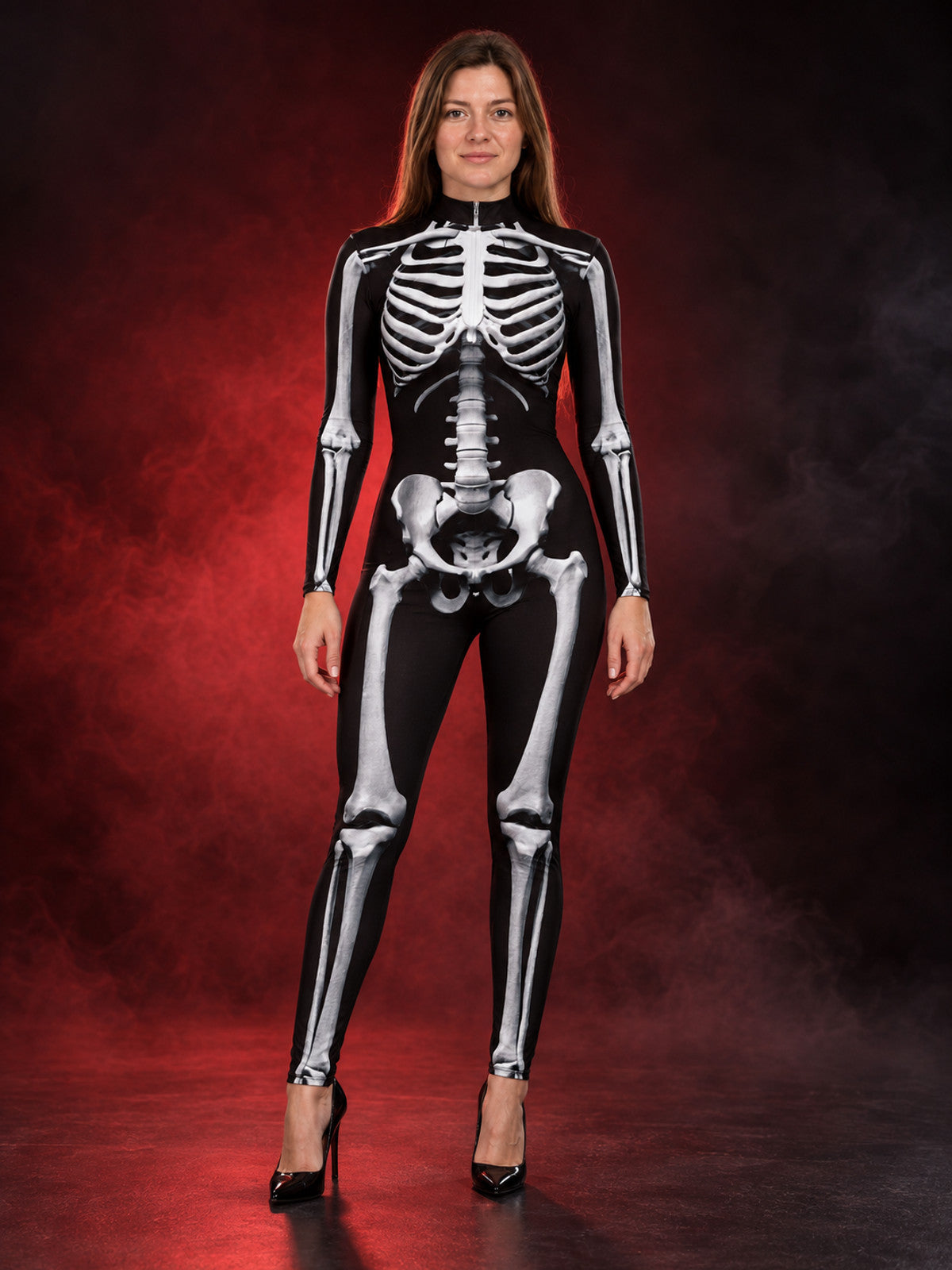 Black form-fitting jumpsuit with skeleton print and zipper