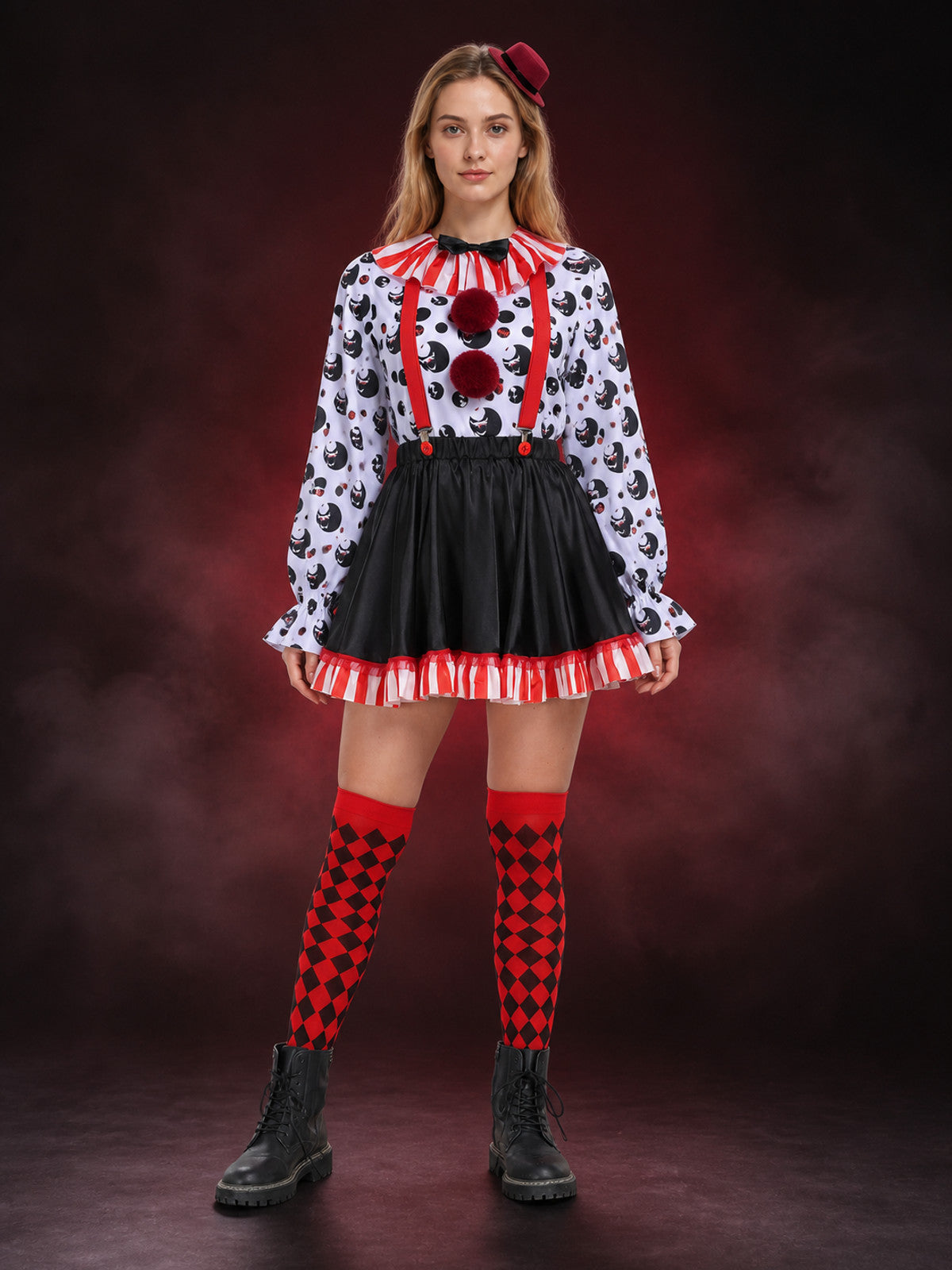 Adult Clown Circus Costume Set With Polka Dot Top And Fluffy Skirt For Halloween