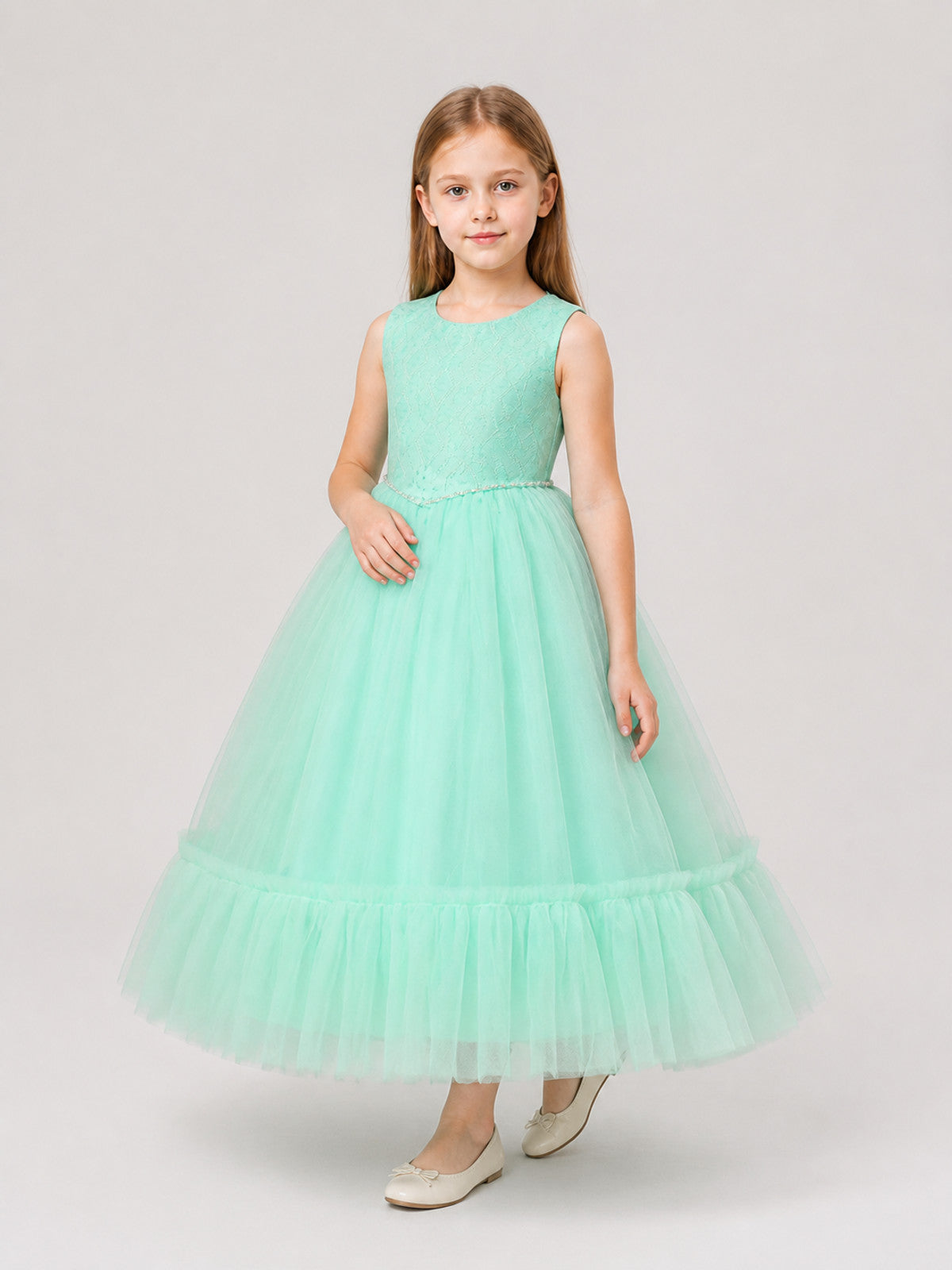 Full-Skirt Dress with Lace Bodice, Ruffles, and Belt Costume Dresses detail