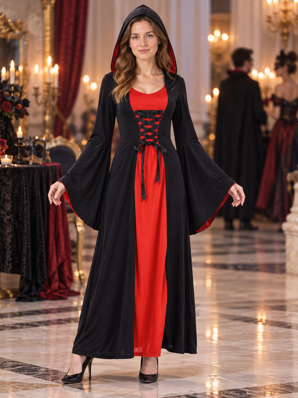 Vampire Costume Black and Red Hooded Dress