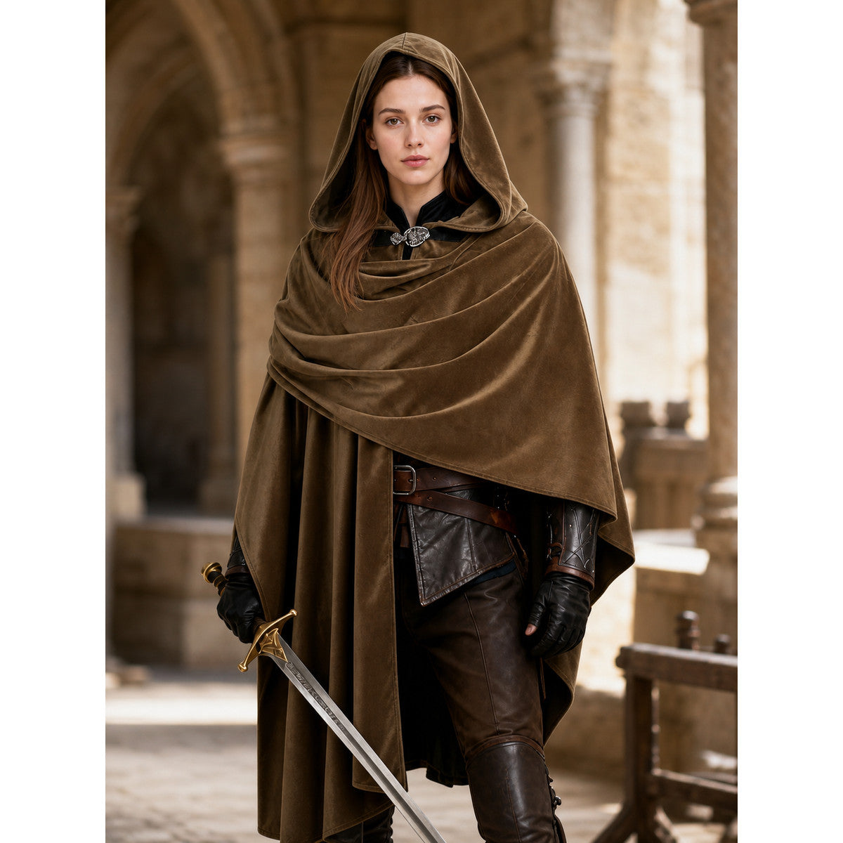 Brown hooded medieval costume cloak lifestyle