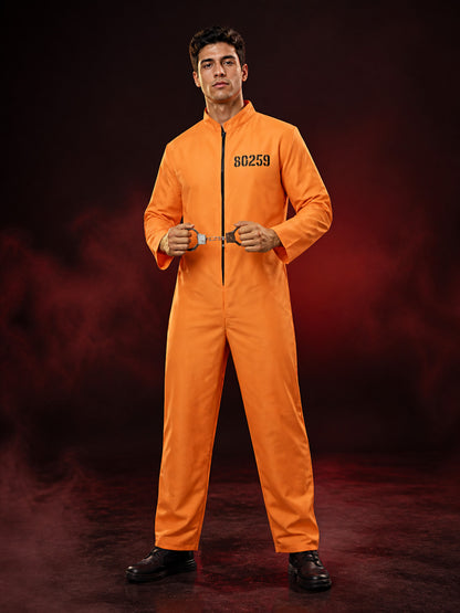 Orange Prisoner Jumpsuit Costume with Handcuffs, Front-Zip Halloween Cosplay main product view