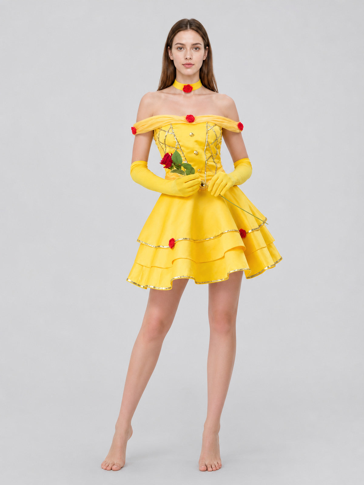 Belle Stage Dress with Roses and Gold Trim Costume Dresses detail