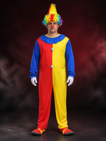 Adult Unisex Clown Jumpsuit Costume Set, Red/Yellow Split with Pointed Hat main product view