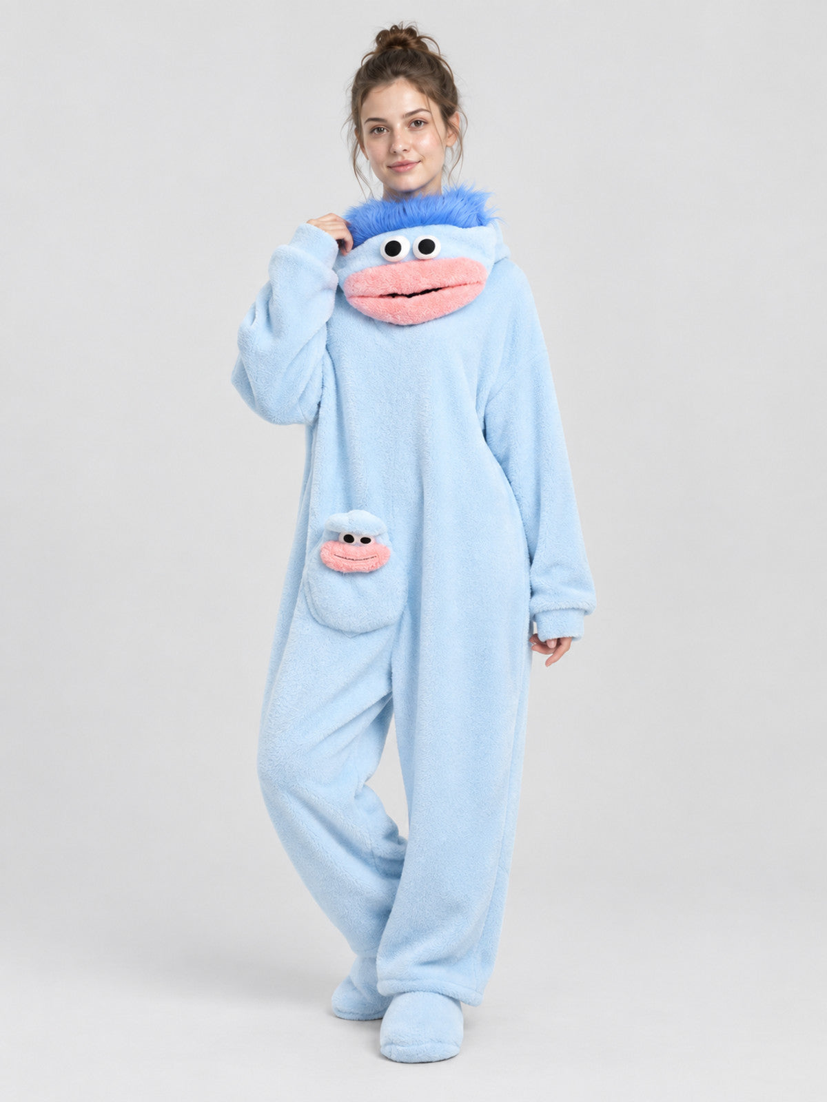 Coral Fleece Pajama Jumpsuit with Cartoon Print