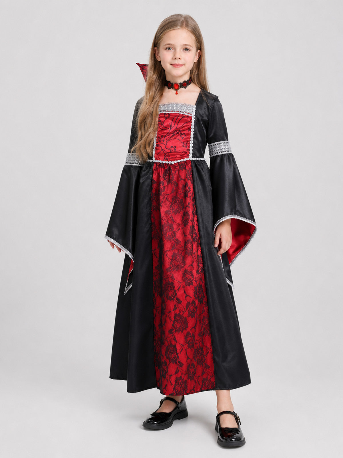 Children's Witch Vampire Costume, Red and Black with Silver Costumes detail