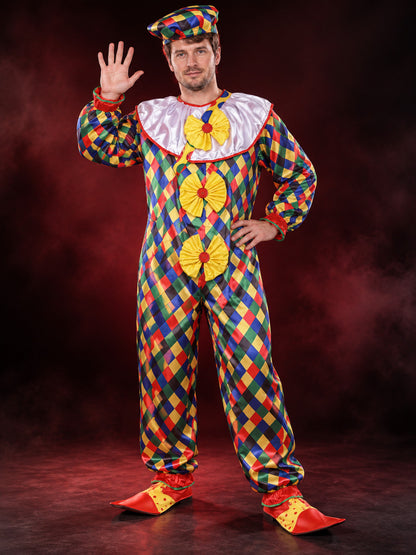 Adult Clown Costume, Colorful Jumpsuit, Hat