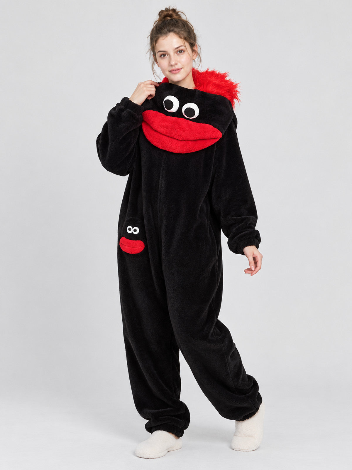 Black One-Piece Pajama Jumpsuit with Cartoon Monster