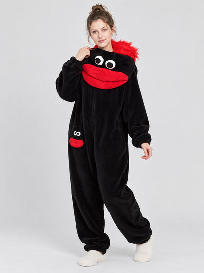 Black One-Piece Pajama Jumpsuit with Cartoon Monster