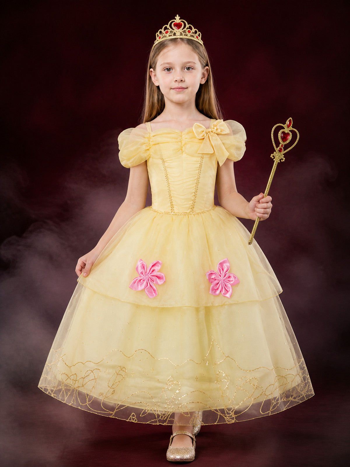 Girls Yellow Princess Dress Costume with Crown & Magic Wand, Layered Tulle for
