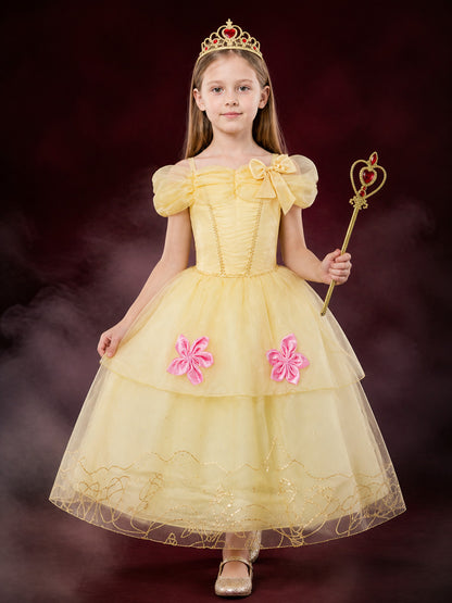 Girls Yellow Princess Dress Costume with Crown & Magic Wand, Layered Tulle for