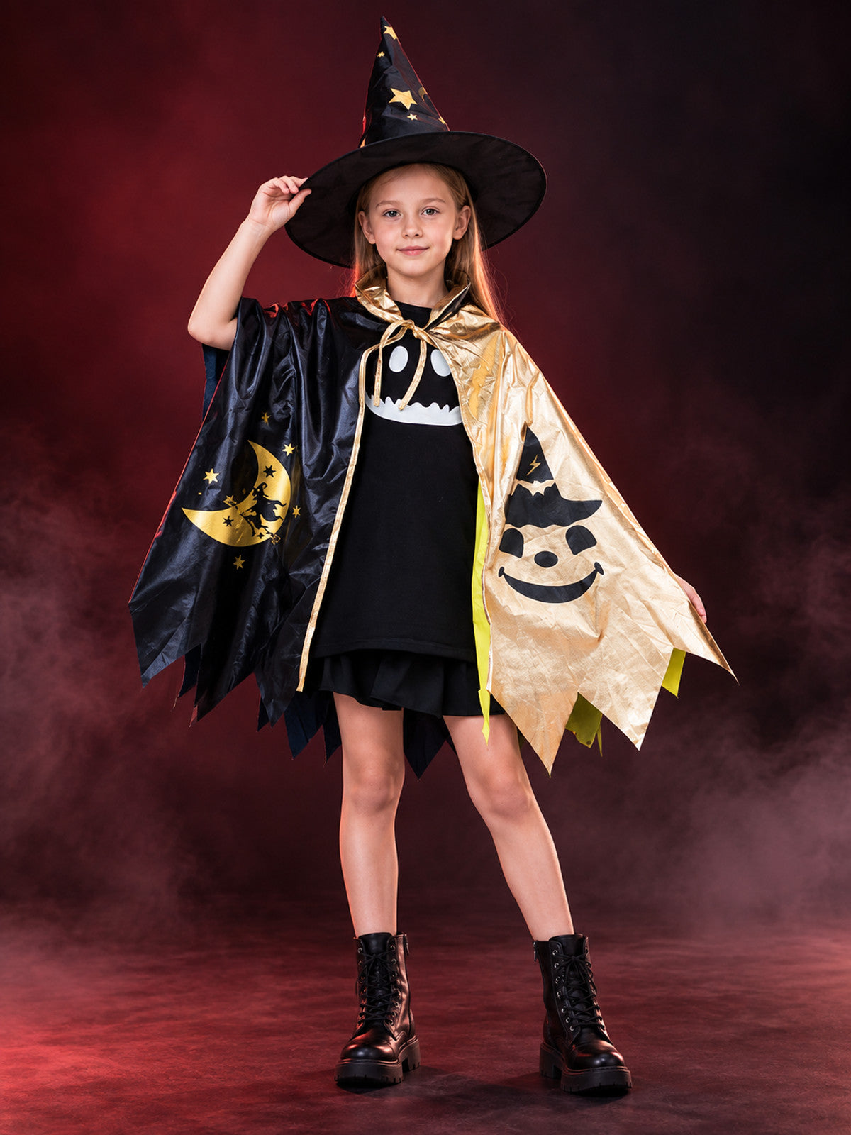 Kids' Halloween Costume with Black and Gold Cape, Hat