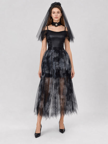 Gothic Cosplay Dress with Veil and Floral Details Costume Dresses detail