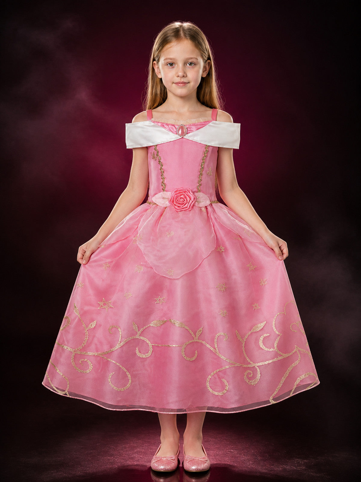 Girls' Princess Dress Costume, White Collar & Gold Trim, Pink Tutu Dress for