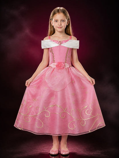 Girls' Princess Dress Costume, White Collar & Gold Trim, Pink Tutu Dress for