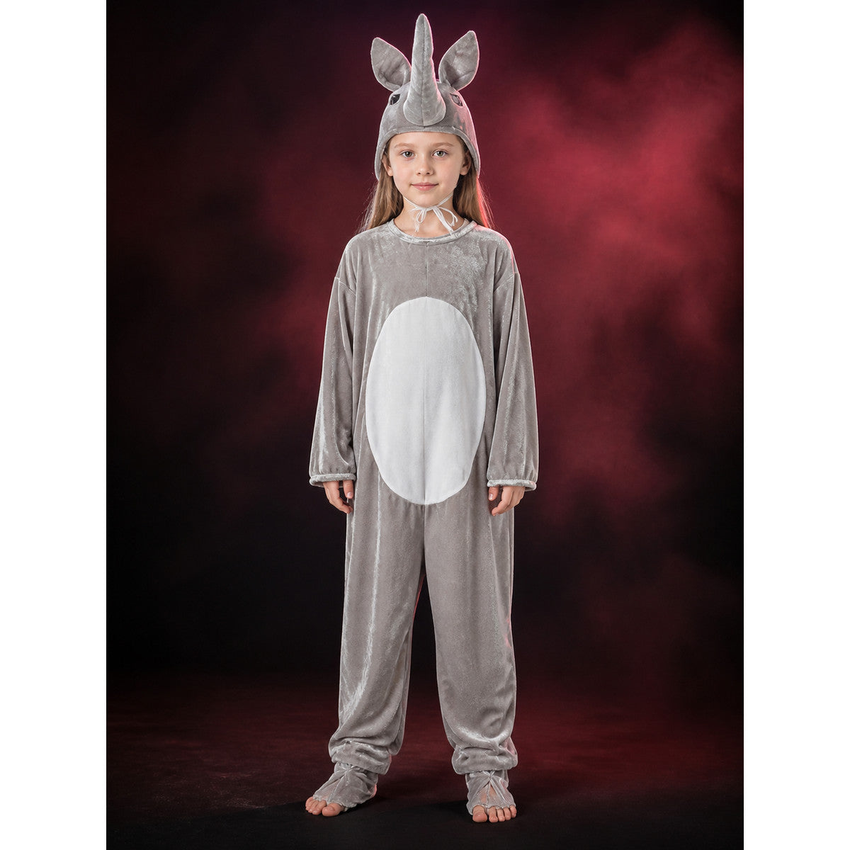 Children's Rhino Animal Costume - Gray Hooded Footed Jumpsuit with White Belly main product view
