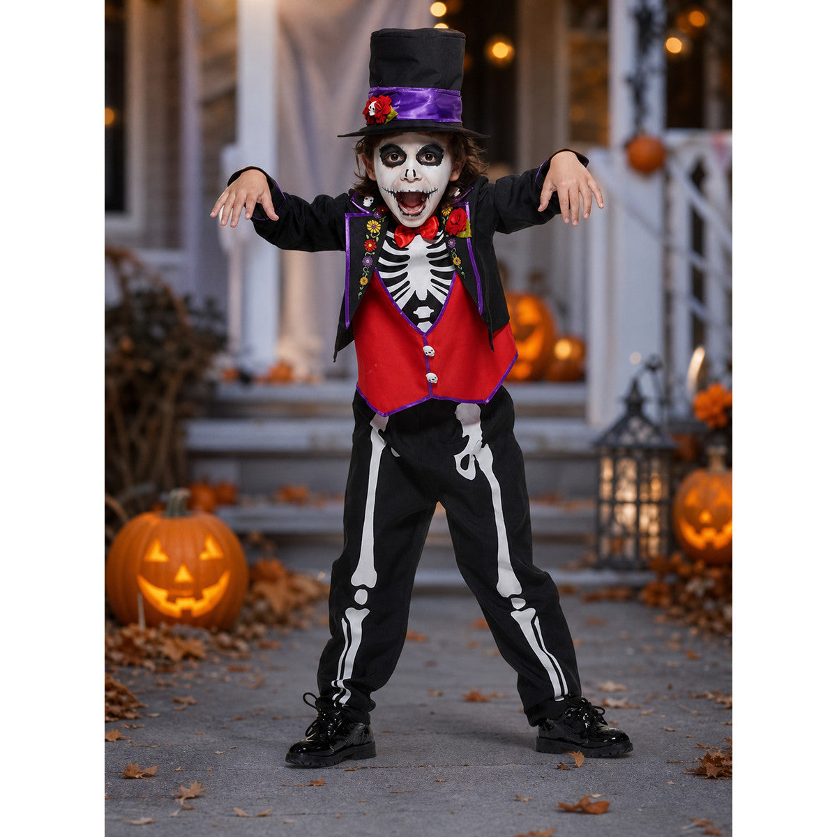 This skeleton costume is designed in the Mexican style of the Day of the Dead celebration. The outfit includes a black jacket with purple trim and floral decorations, a red vest-style front panel with decorative buttons, a red bow tie, blac
