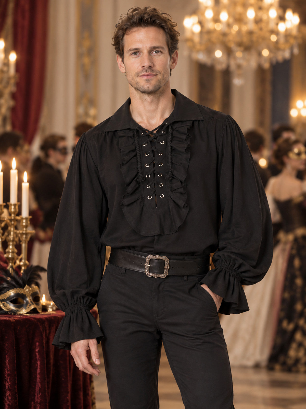 Black Shirt with Puff Sleeves, Ruffles, and Lacing