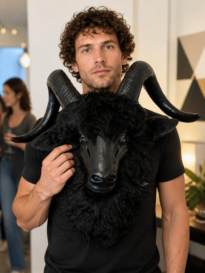 Black Goat Carnival Mask with Horns for Halloween lifestyle view