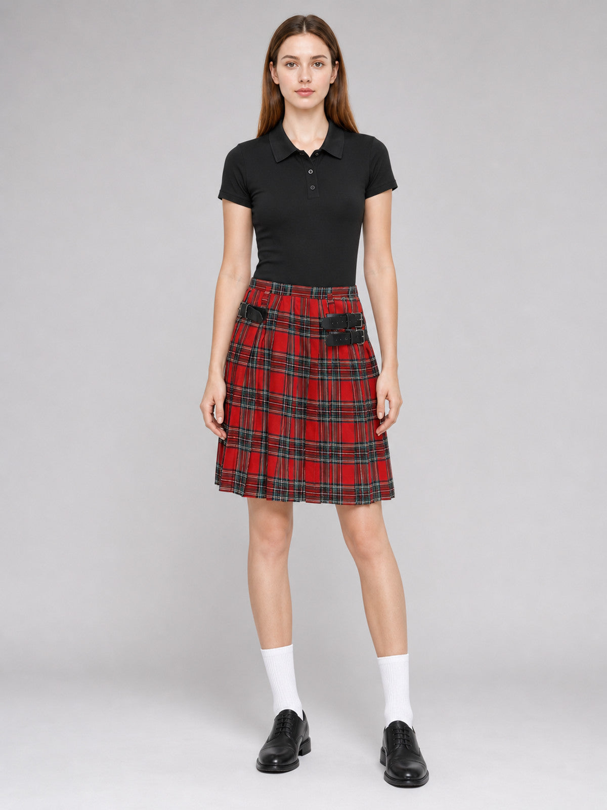 Plaid Pleated Skirt with Black Straps product detail
