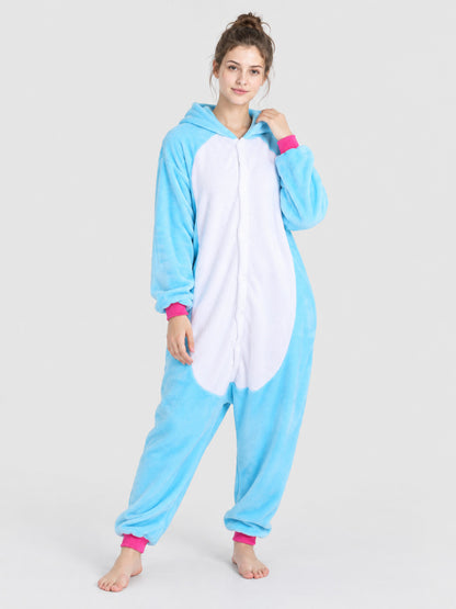 Blue Pajama Jumpsuit with White Insert and Hood
