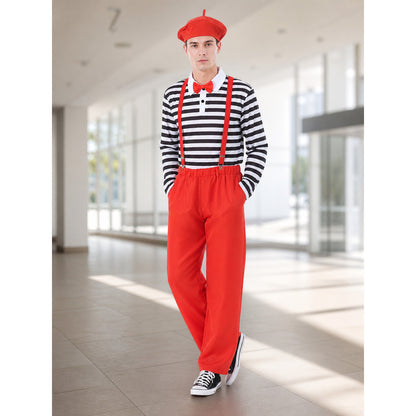 This bright clown costume is designed to create an expressive stage look and a festive transformation. The set includes a red cap with a short protruding crown, round glasses with red frames, a long-sleeve shirt with horizontal black-and-wh