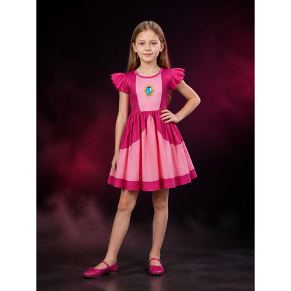 Kids Princess Peach Halloween Costume Dress with Ruffle Sleeves and Flared Skirt main product view