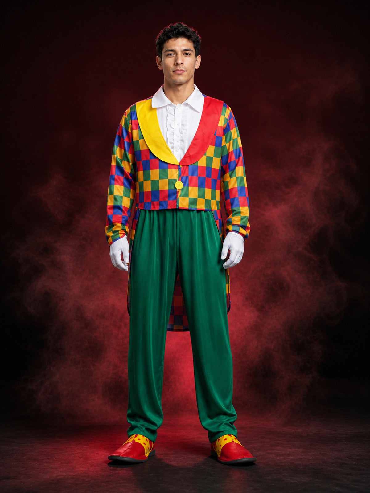 Adult Unisex Clown Circus Costume Set with Colorful Diamond Print and White main product view