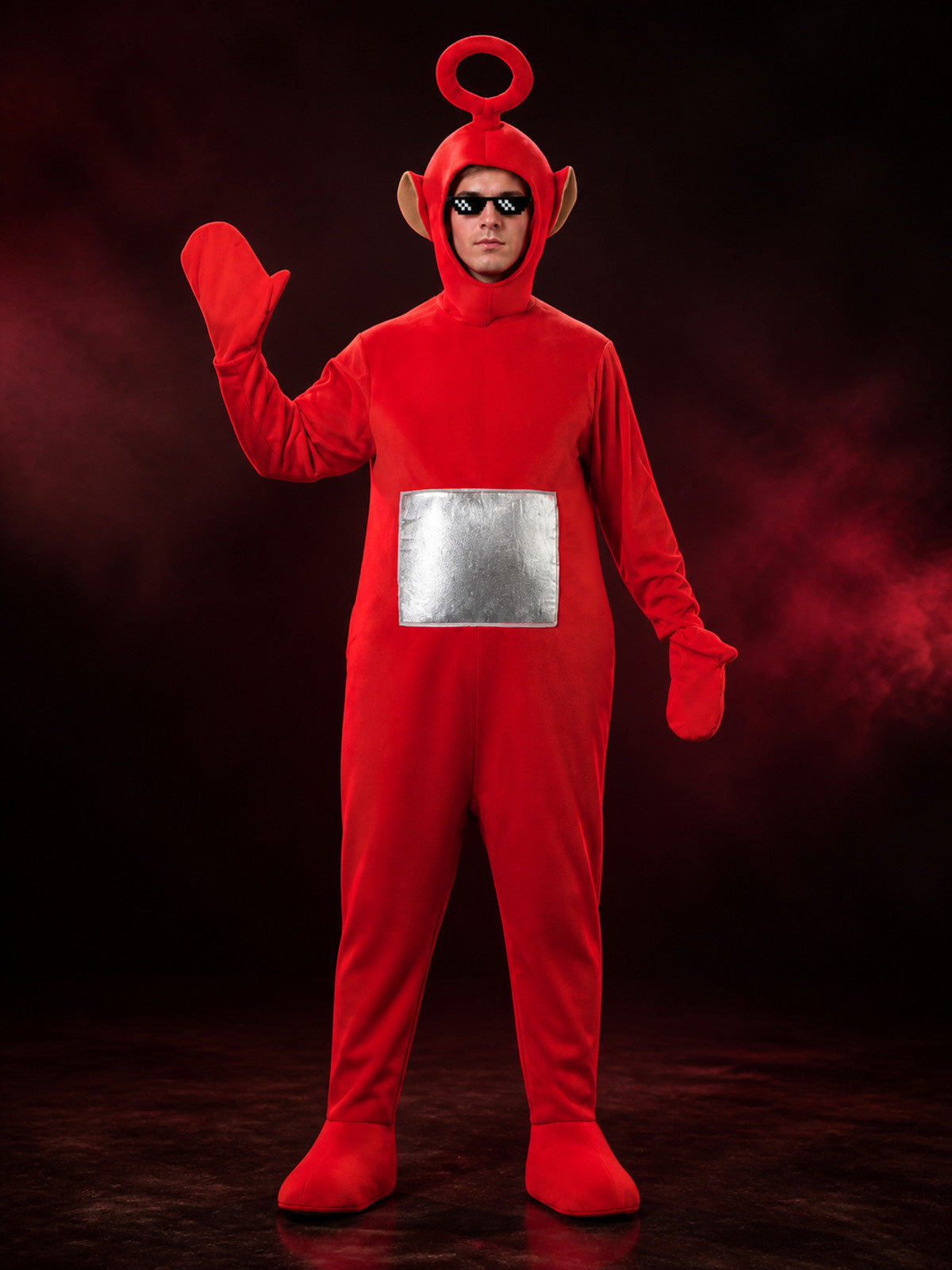 Adult Teletubbies Po Costume, Red Hooded Footed Jumpsuit with Ring Antenna and main product view