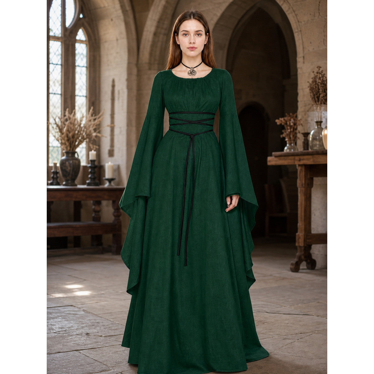 Long Dress with Sleeves and Waist Lacing