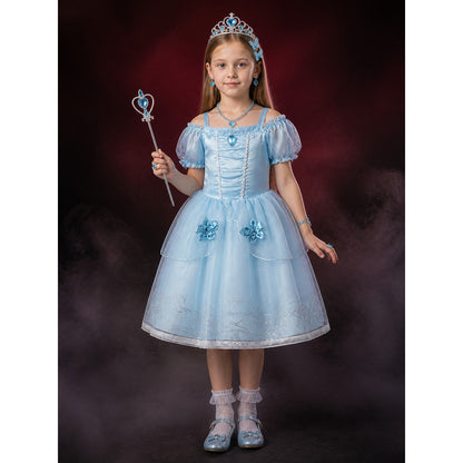 Girls Blue Princess Costume Dress Set with Crown, Wand, and Jewelry, Halloween main product view