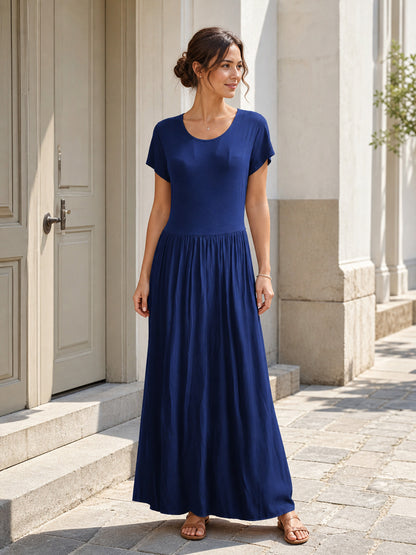 Women's Long Dress with Short Sleeves and Pleats Costume Dresses detail
