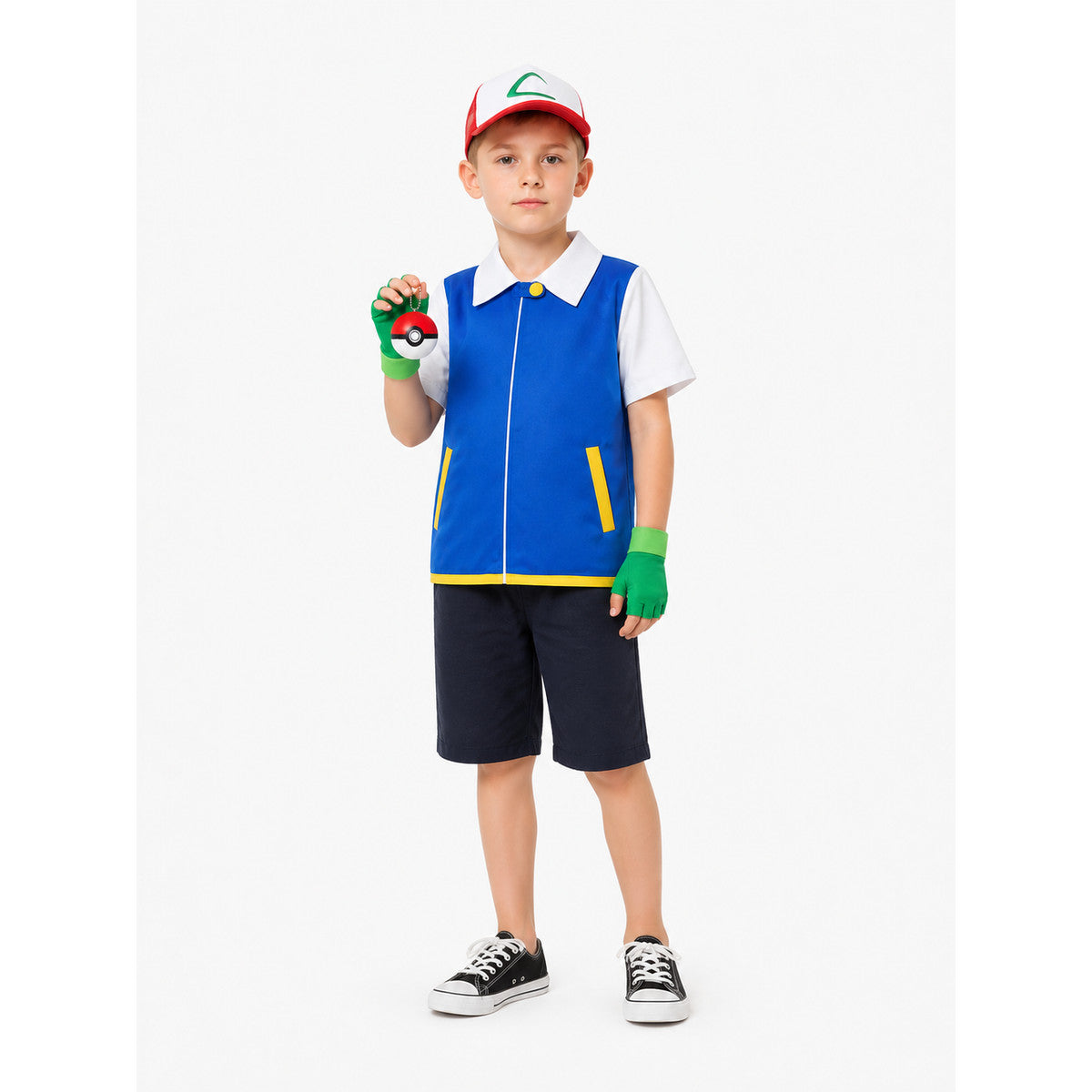 Children’s cosplay costume: jacket, cap, gloves on-model front view