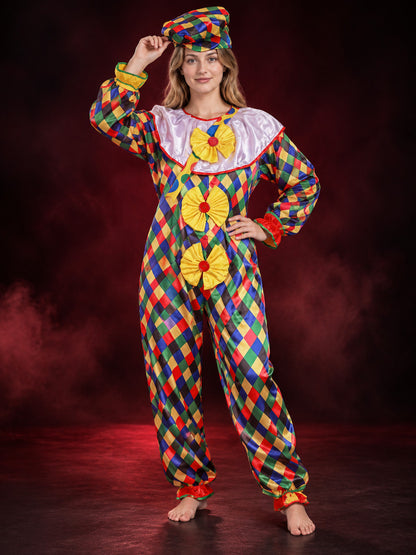 Clown Costume with Hat, Multicolor, Diamond Pattern, with Bows