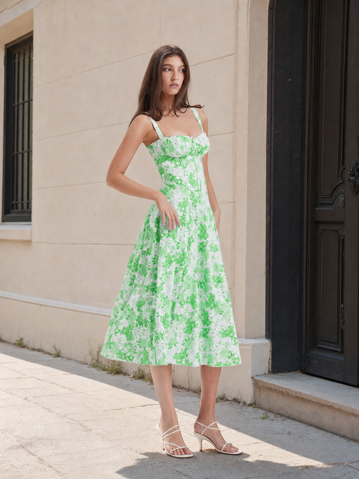 White and Green Floral-Print Sundress