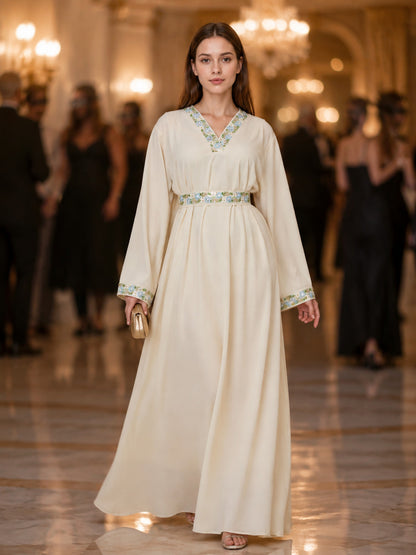 Cream floor-length dress with floral embroidery lifestyle view