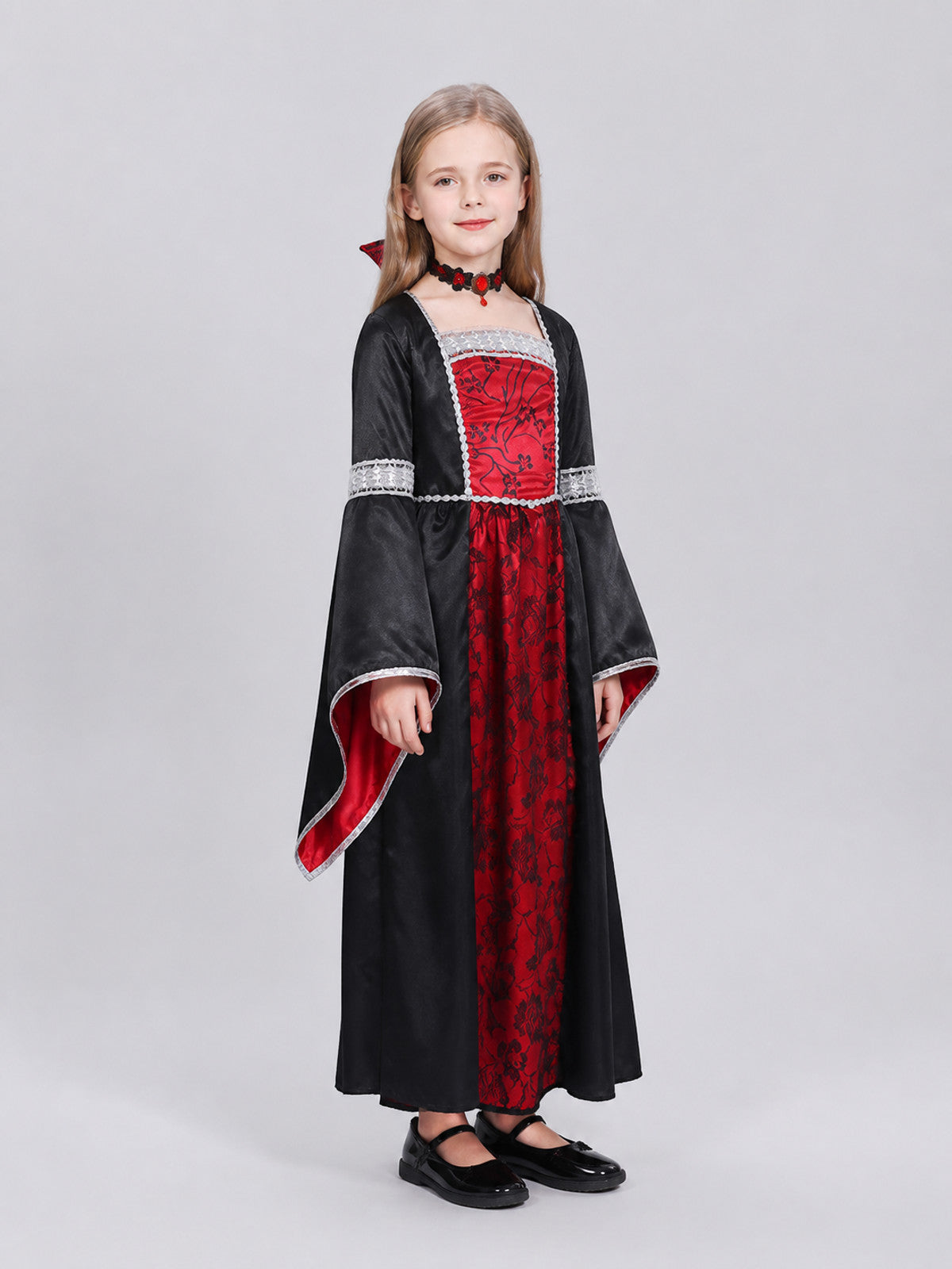 Red Halloween Witch Dress for Girls with Cape and Flowers side view