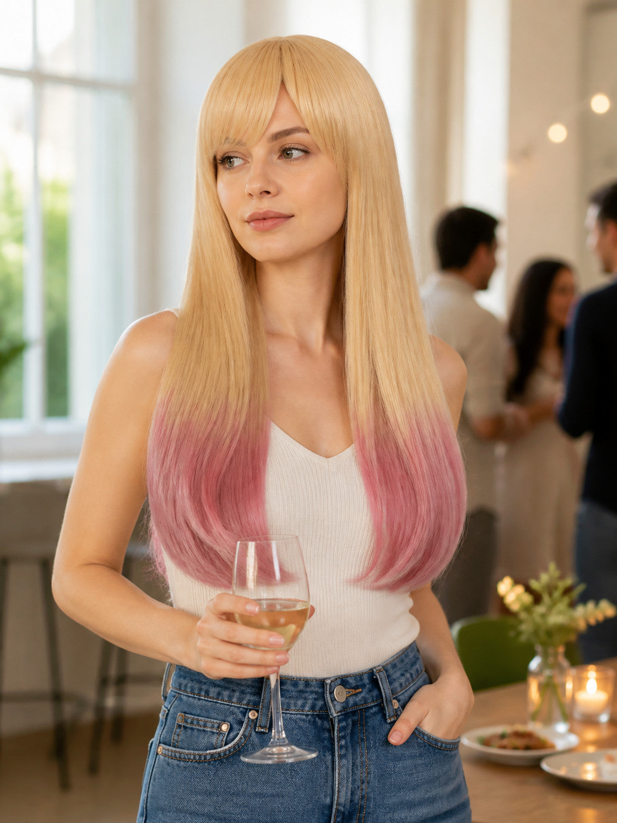 Long Carnival Wig with Bangs, Blonde-to-Pink Gradient