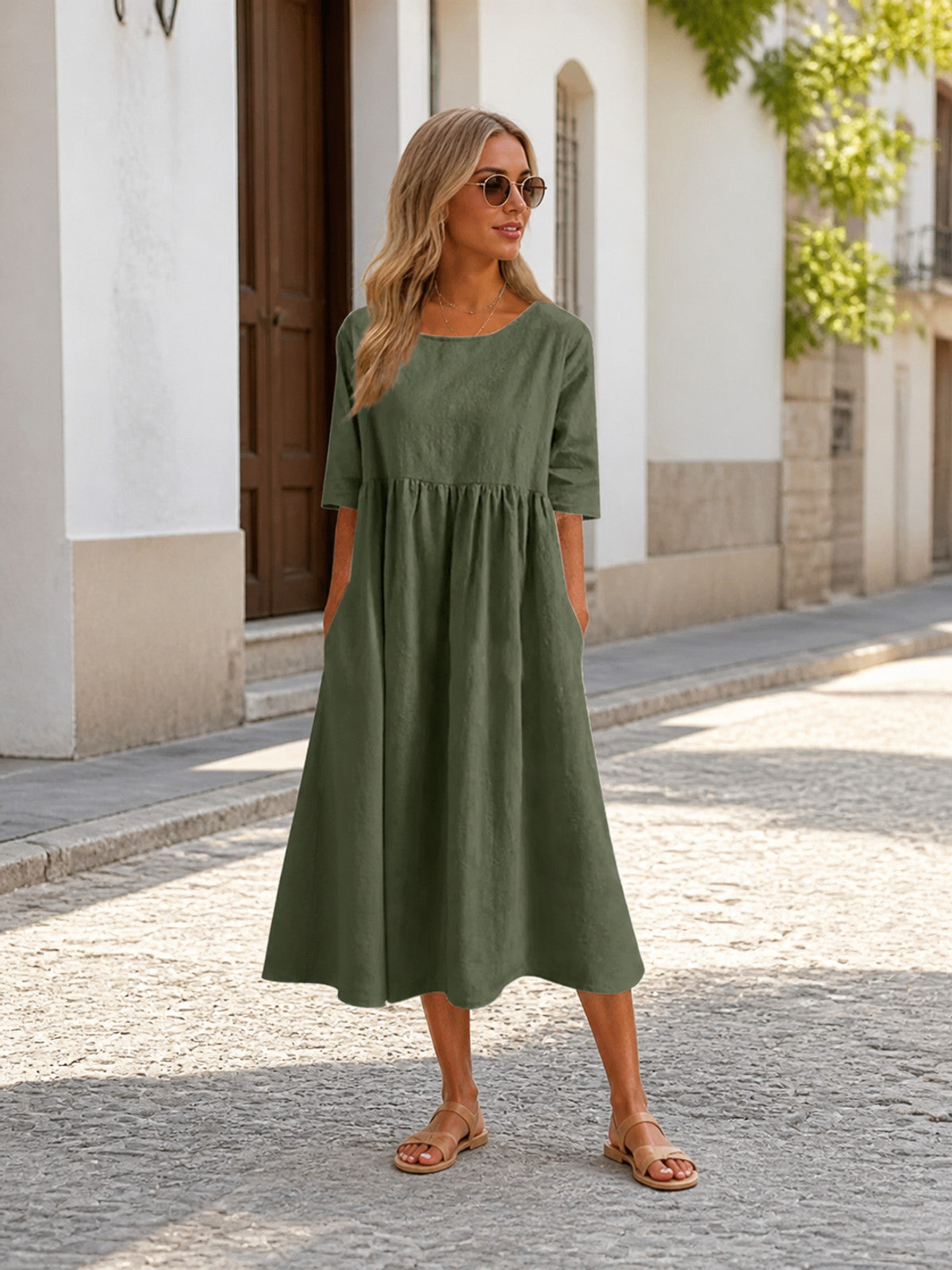 Olive Loose-Fit Dress with 3/4 Sleeves