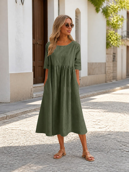 Olive Loose-Fit Dress with 3/4 Sleeves