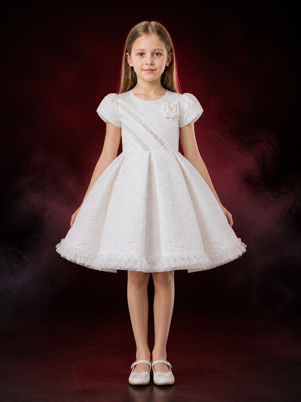 Girls' White Princess Dress, Short Sleeve Floral Embossed Full Skirt Dress main product view