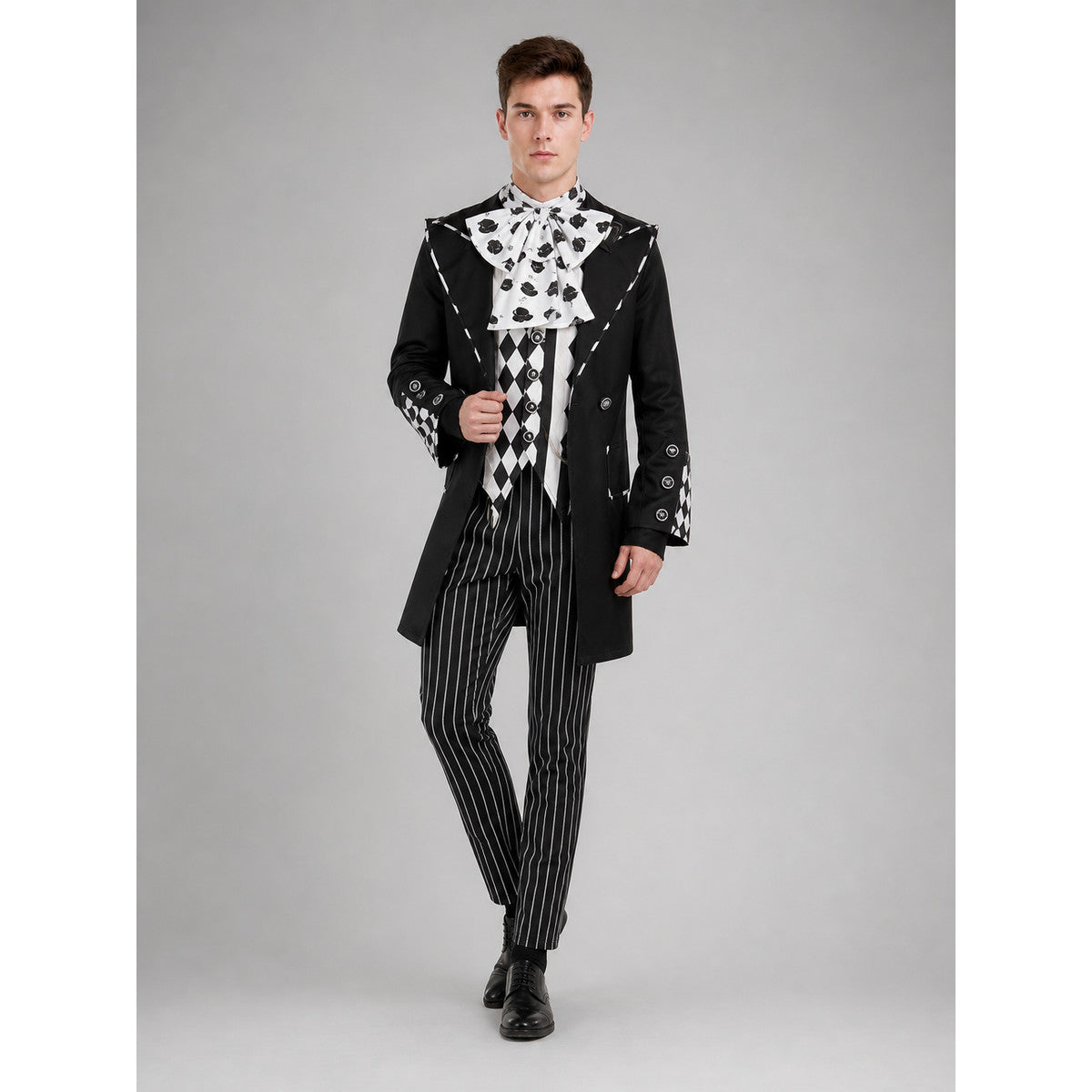 Gothic magician costume on a model with printed jabot bow tie and long black coat