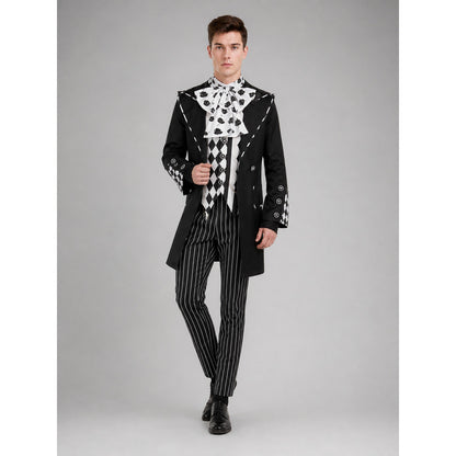 Gothic magician costume on a model with printed jabot bow tie and long black coat
