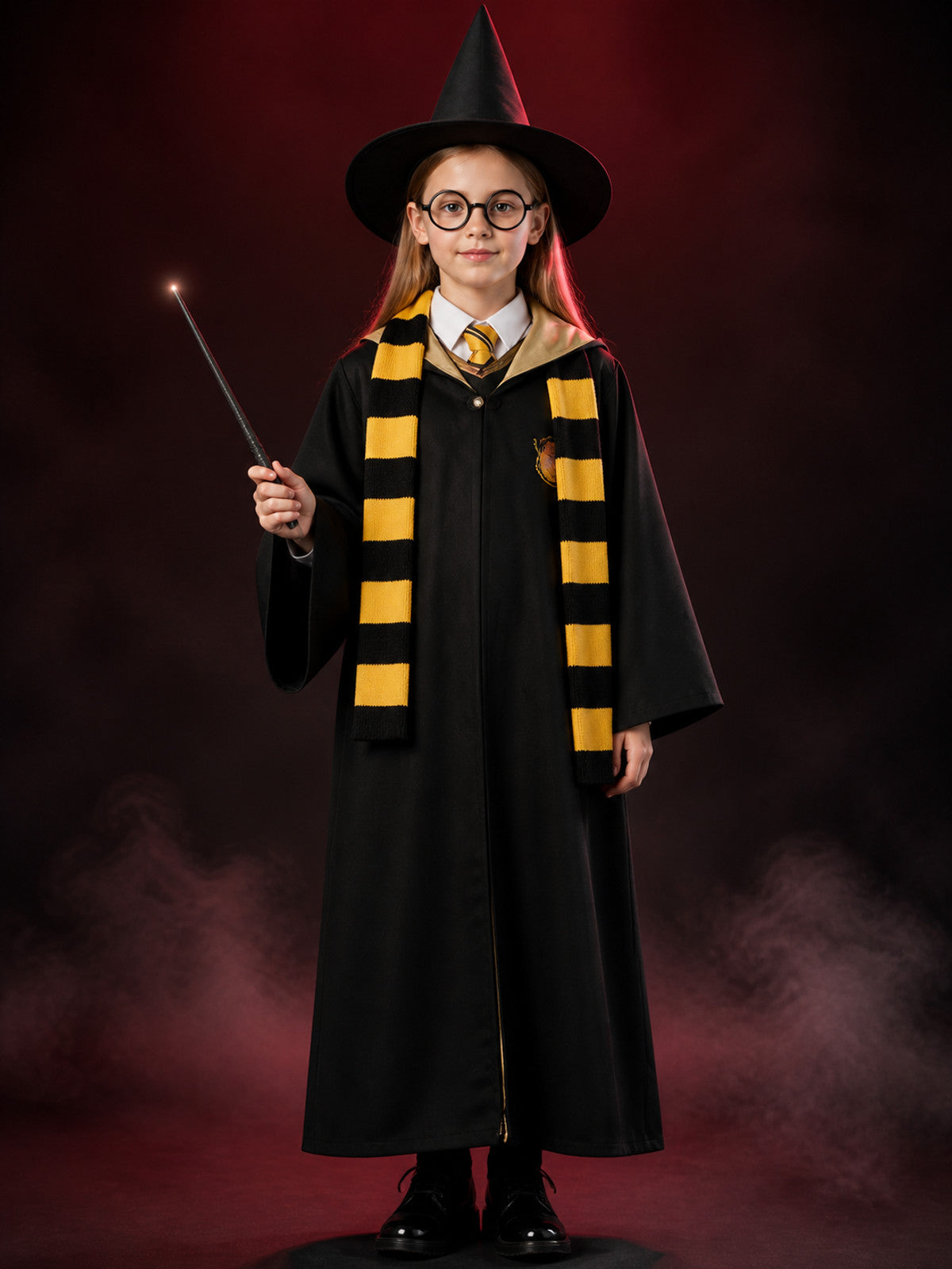 Kids Wizard Robe Costume Set, Hooded Black Cloak With Hat, Scarf, Tie, Glasses main product view