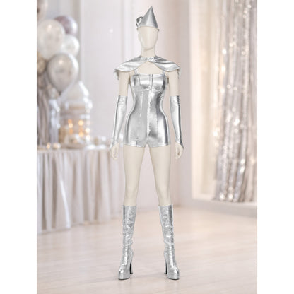 Silver cosplay romper with wings lifestyle view