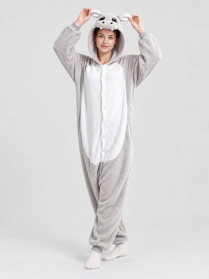Hooded Pajama Jumpsuit with Animal Face, Light Gray
