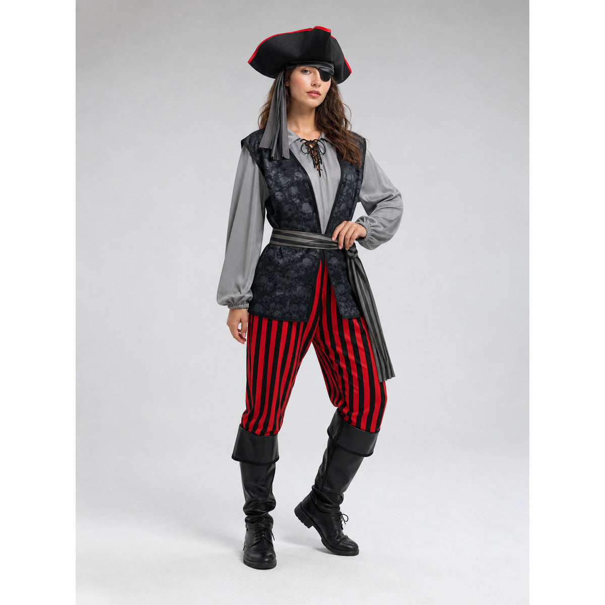 Pirate Costume with Vest, Hat, and Eye Patch on-model front view