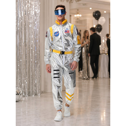 Space jumpsuit with visor, patches, and belt