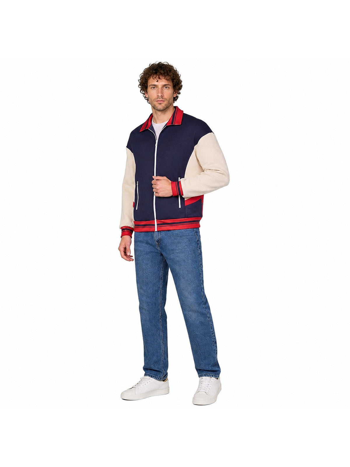 Zip-Up Bomber Jacket with Red Stripes